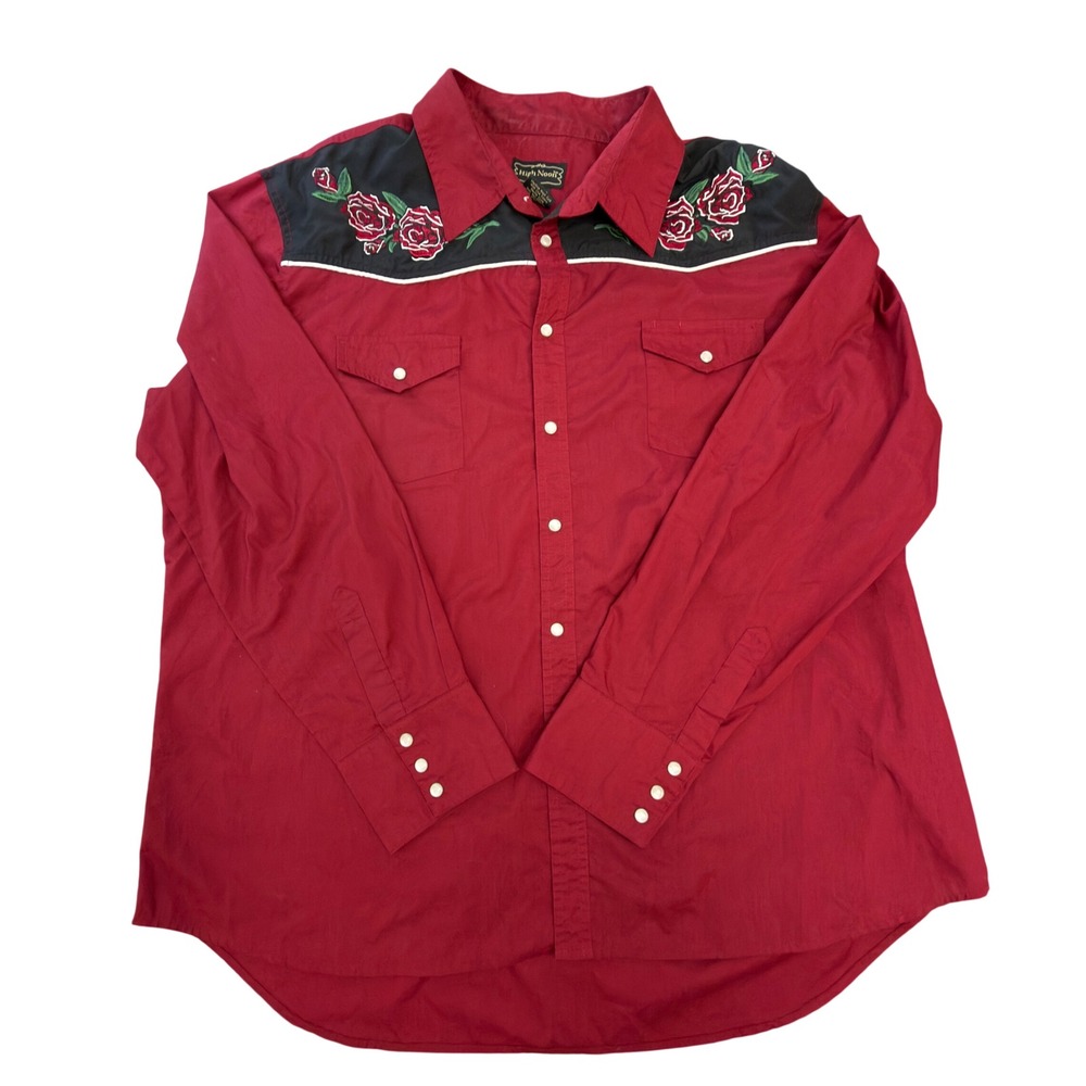 High Noon Mens 3XL Red Western Pearl Snap Shirt Rose Embroidered Black Yoke